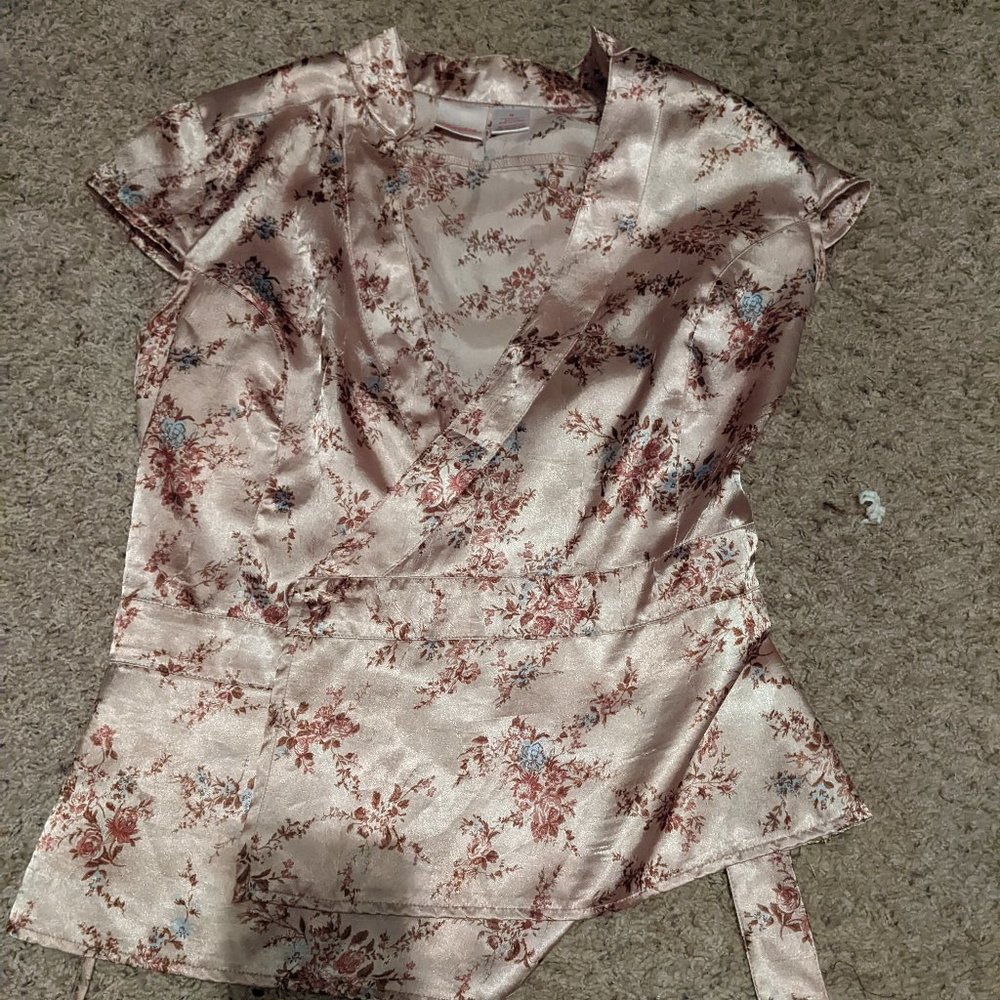 Pink floral satin wrap top